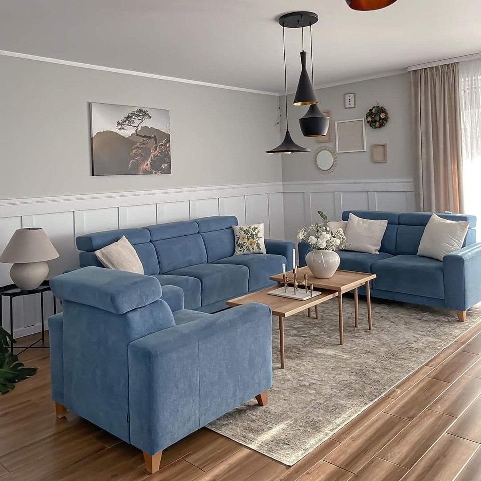 Complete Modern Living Room Collection - Blue Velvet Luxury Set