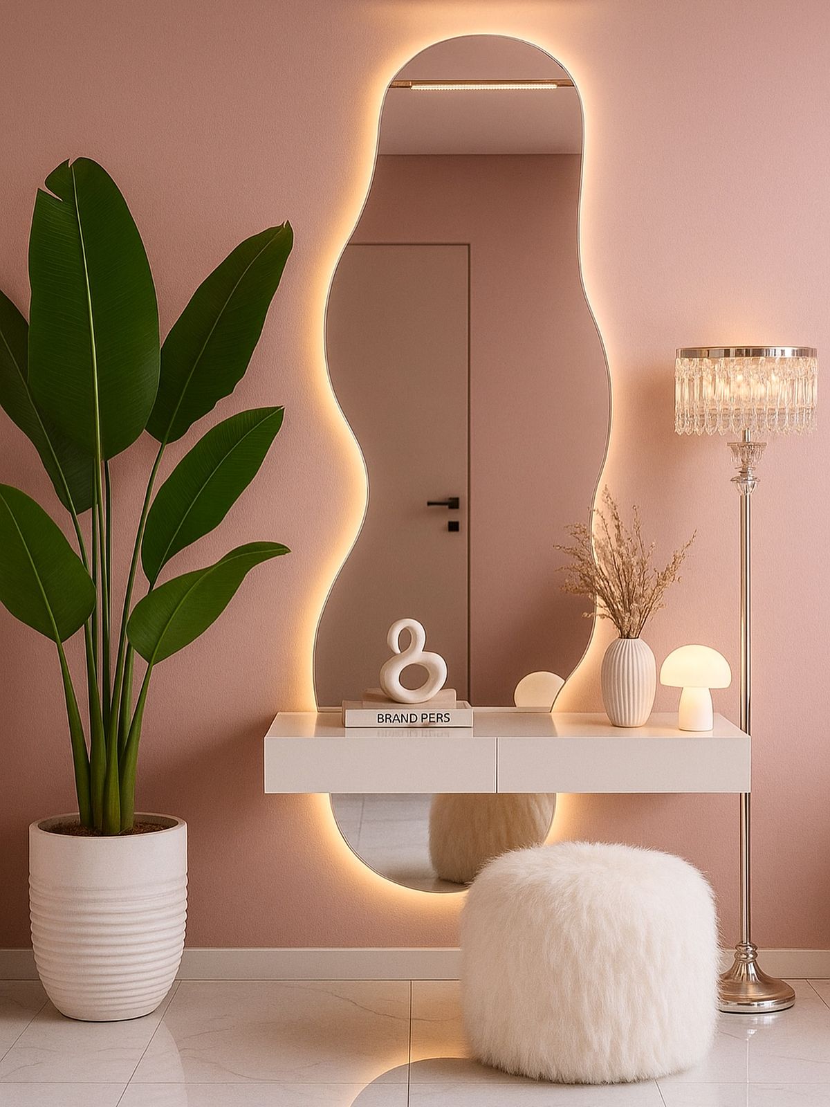 Modern LED Backlit Vanity Mirror with Floating Shelf - Illuminated Dressing Table Mirror