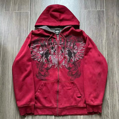 2000s Y2K Red Skull Snake Hoodie – Vintage Elite Full Zip Streetwear Sweatshirt