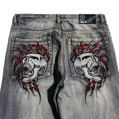 Y2K Gothic Skull Wide-Leg Jeans – Washed Unisex Streetwear Denim