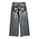 Y2K Gothic Skull Wide-Leg Jeans – Washed Unisex Streetwear Denim