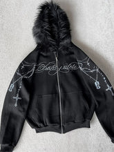 Gothic Cross Fur Hoodie – Punk Streetwear Jacket