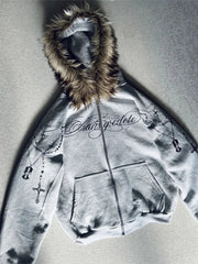 Gothic Cross Fur Hoodie – Punk Streetwear Jacket