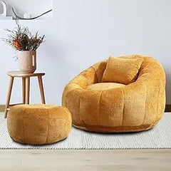 Modern Giant Bean Bag Chair, Comfy Chenille Bean Bag Couch with Ottoman for Adults, Large Lazy Sofa Accent Chair with Filler & P