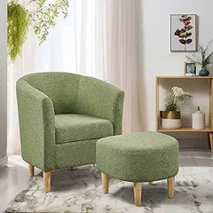 Mid-Century Barrel Chair with Ottoman - Corduroy Upholstered Club Tub Chair Set