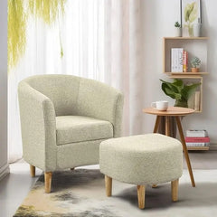 Mid-Century Barrel Chair with Ottoman - Corduroy Upholstered Club Tub Chair Set