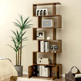 5-Shelf Geometric S-Shaped Bookcase - Modern Wooden Display with Cabinet Doors