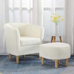 Mid-Century Barrel Chair with Ottoman - Corduroy Upholstered Club Tub Chair Set