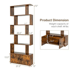 5-Shelf Geometric S-Shaped Bookcase - Modern Wooden Display with Cabinet Doors