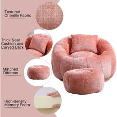 Modern Giant Bean Bag Chair, Comfy Chenille Bean Bag Couch with Ottoman for Adults, Large Lazy Sofa Accent Chair with Filler & P