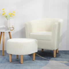 Mid-Century Barrel Chair with Ottoman - Corduroy Upholstered Club Tub Chair Set