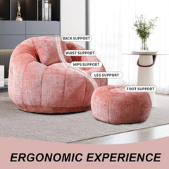Modern Giant Bean Bag Chair, Comfy Chenille Bean Bag Couch with Ottoman for Adults, Large Lazy Sofa Accent Chair with Filler & P