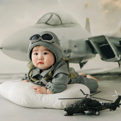 3-4 Months Baby Aviator Costume Long Sleeve Pilot Romper+Hat Photography Clothes Helicopter Decorative Accessories Photo Props