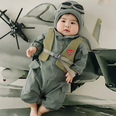 3-4 Months Baby Aviator Costume Long Sleeve Pilot Romper+Hat Photography Clothes Helicopter Decorative Accessories Photo Props