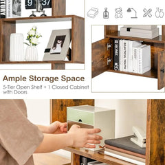 5-Shelf Geometric S-Shaped Bookcase - Modern Wooden Display with Cabinet Doors