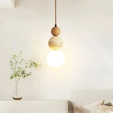 Cream LED stone & wood pendant lamp.