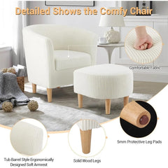 Mid-Century Barrel Chair with Ottoman - Corduroy Upholstered Club Tub Chair Set