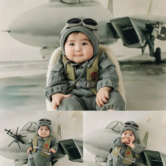 3-4 Months Baby Aviator Costume Long Sleeve Pilot Romper+Hat Photography Clothes Helicopter Decorative Accessories Photo Props