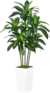 Artificial Dracaena Tree Tree with White Tall Planter - Fake Tropical Yucca Floor Plant in Pot