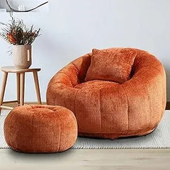 Modern Giant Bean Bag Chair, Comfy Chenille Bean Bag Couch with Ottoman for Adults, Large Lazy Sofa Accent Chair with Filler & P
