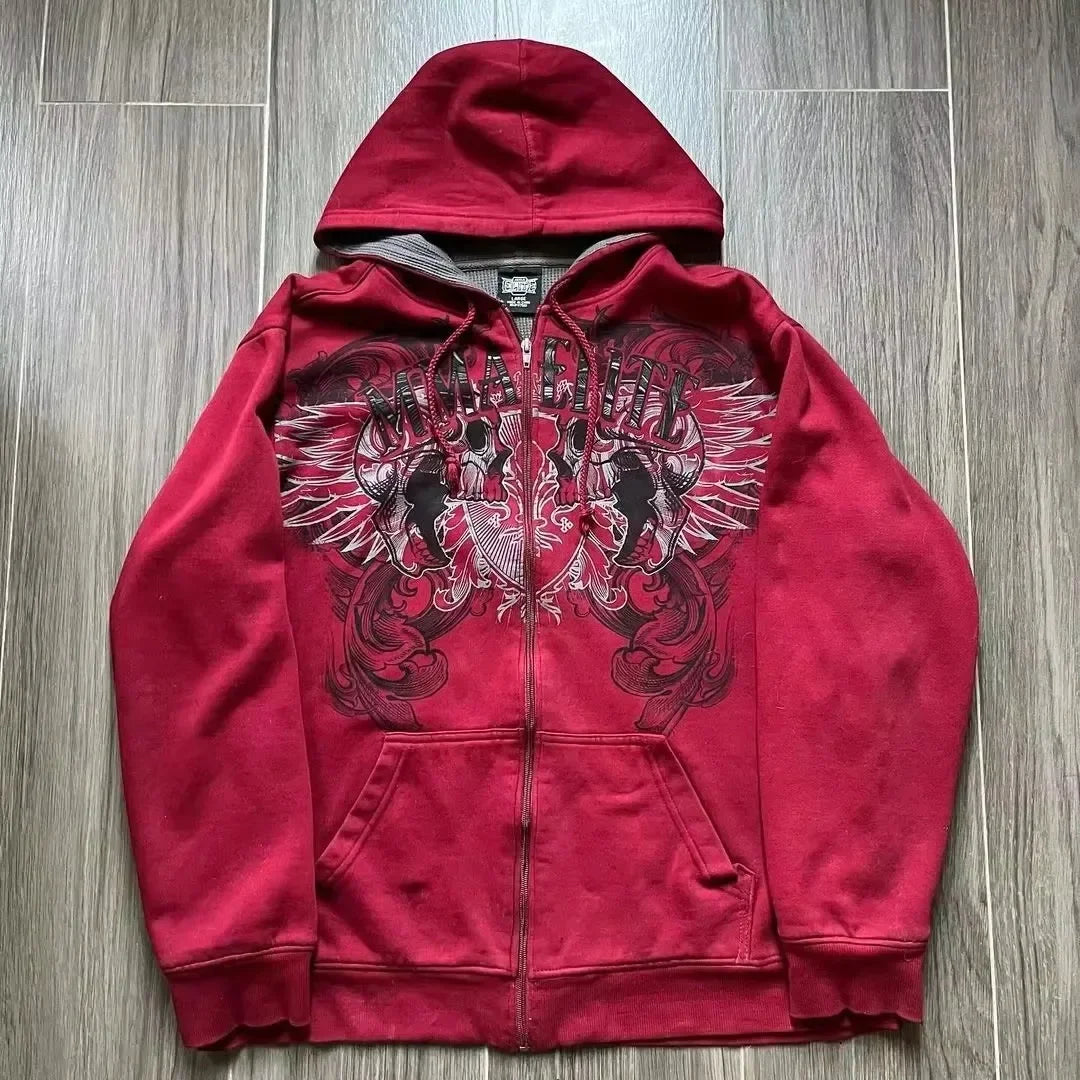 2000s Y2K Red Skull Snake Hoodie – Vintage Elite Full Zip Streetwear Sweatshirt