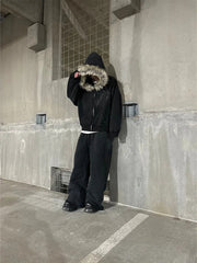 Y2K Fur Collar Zip Hoodie – Gothic Harajuku Punk Aesthetic