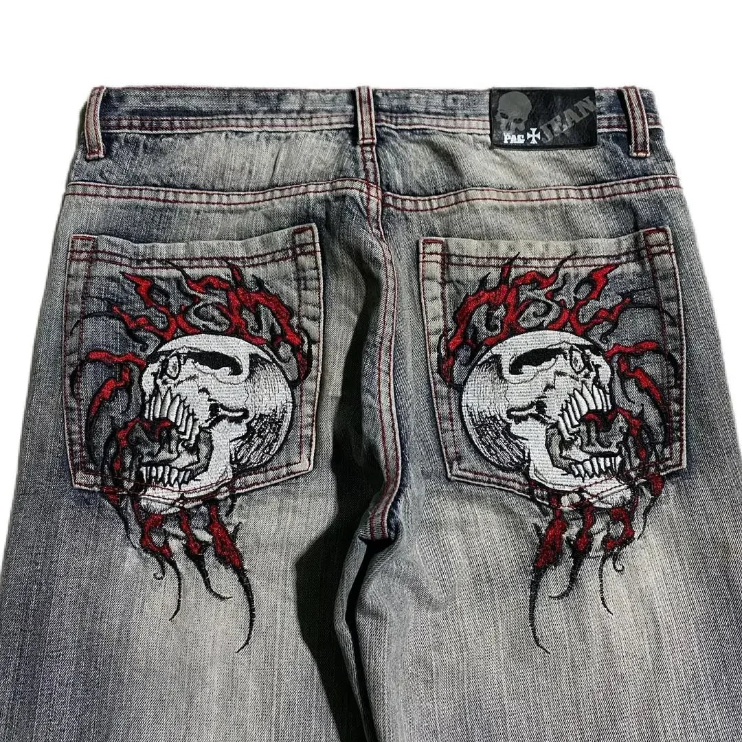 Y2K Gothic Skull Wide-Leg Jeans – Washed Unisex Streetwear Denim