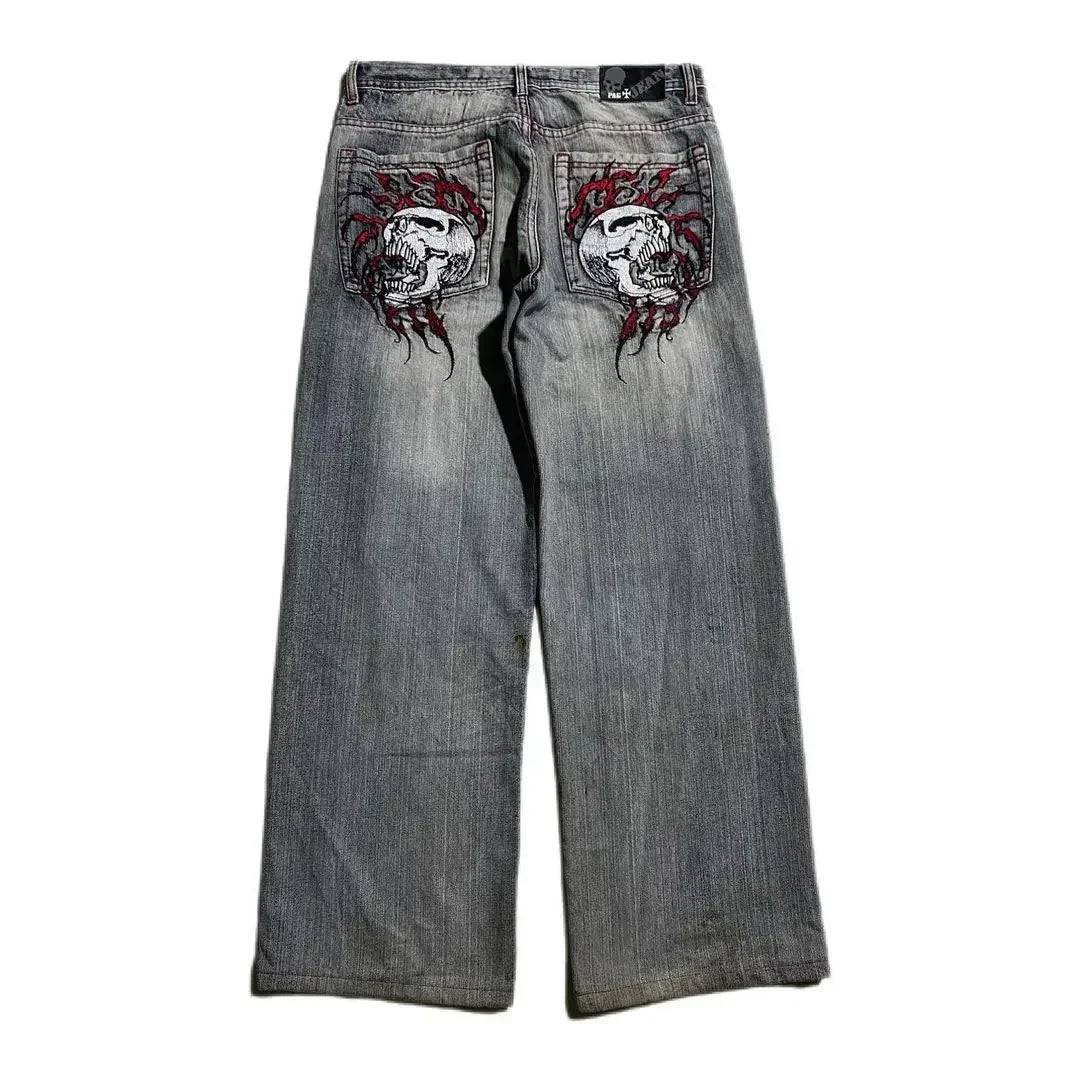 Y2K Gothic Skull Wide-Leg Jeans – Washed Unisex Streetwear Denim