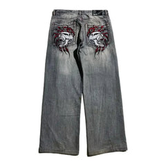 Y2K Gothic Skull Wide-Leg Jeans – Washed Unisex Streetwear Denim