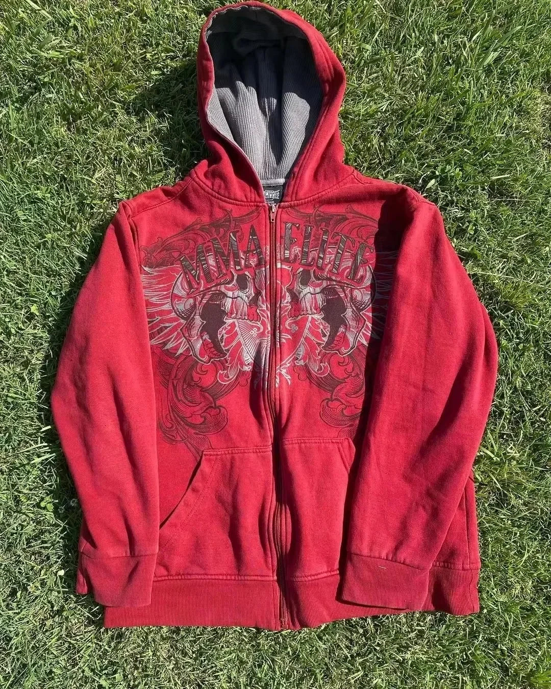 2000s Y2K Red Skull Snake Hoodie – Vintage Elite Full Zip Streetwear Sweatshirt