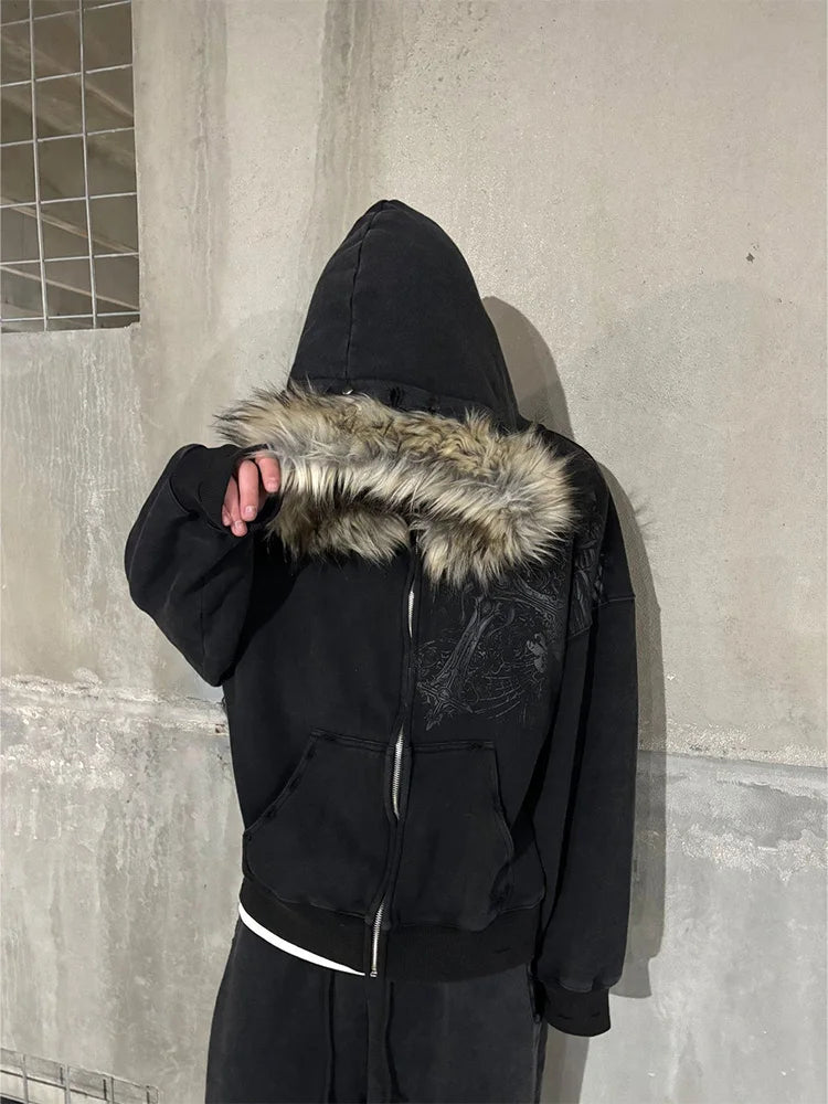 Y2K Fur Collar Zip Hoodie – Gothic Harajuku Punk Aesthetic