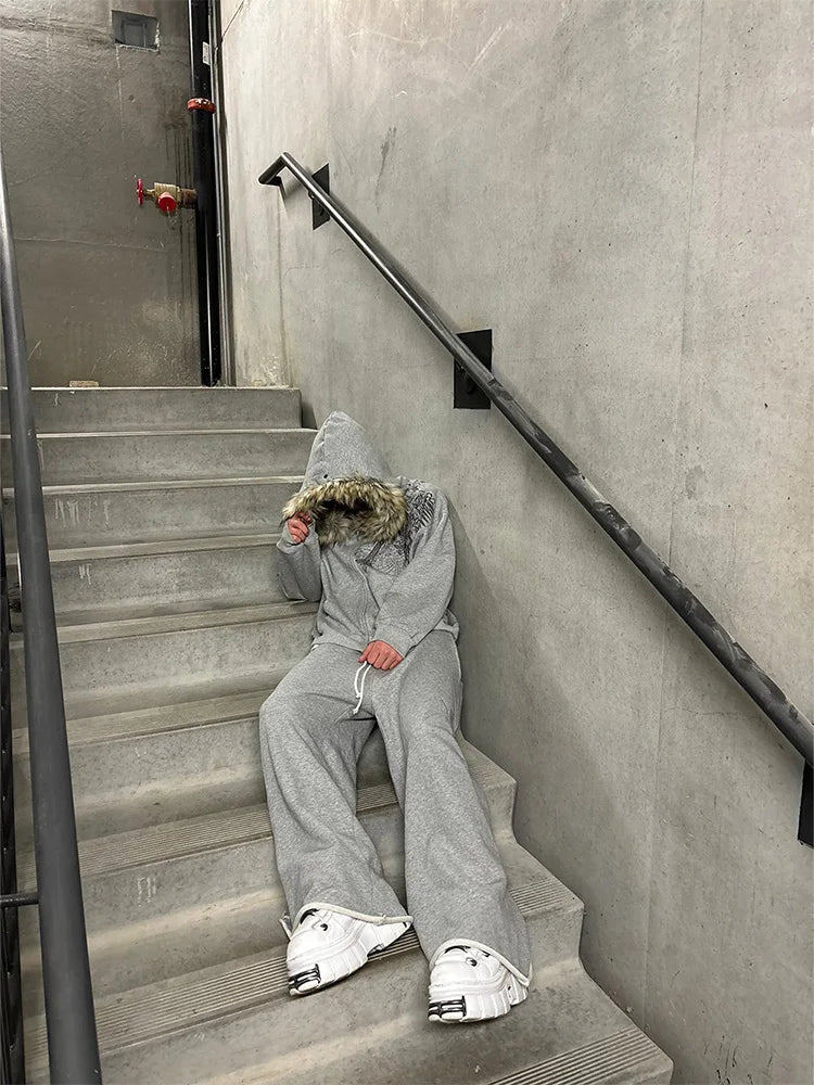 Y2K Fur Collar Zip Hoodie – Gothic Harajuku Punk Aesthetic