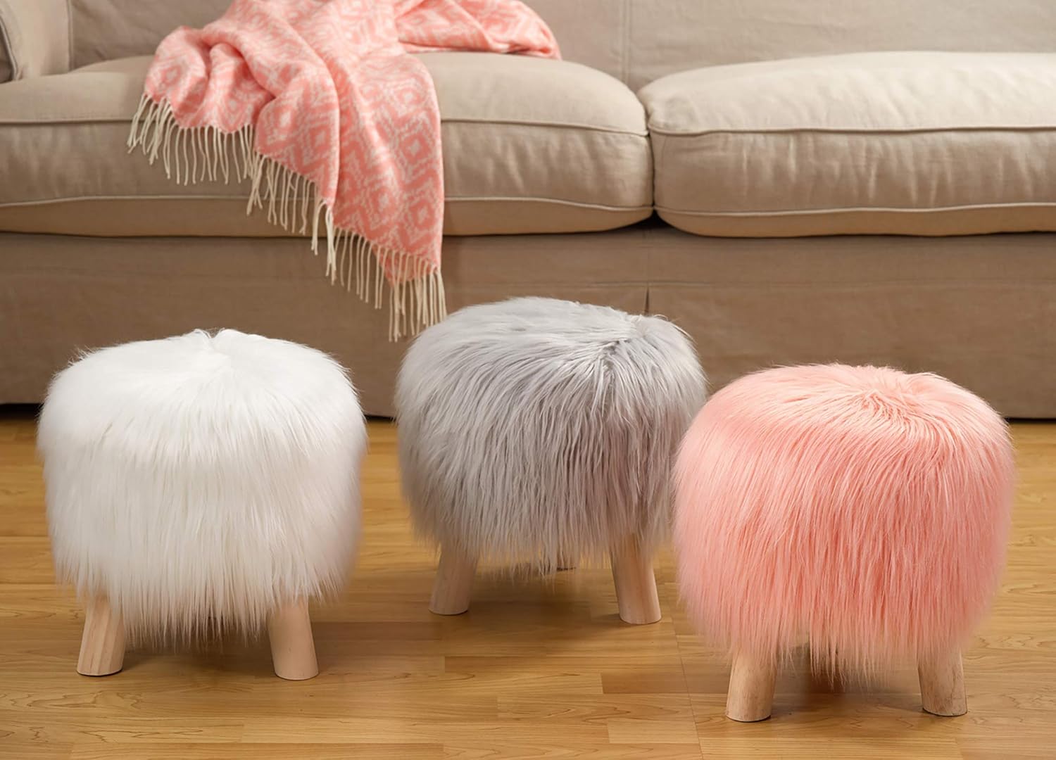 E-CL Solid Pine Round Wooden Stool with 4 Legs Living Room Sofa Stool Customizable Stool