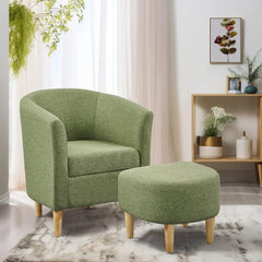 Mid-Century Barrel Chair with Ottoman - Corduroy Upholstered Club Tub Chair Set