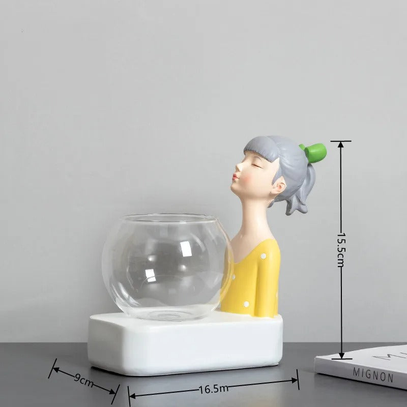 New Creative Girl Resin Sculpture Glass Hydroponic Vase with Lights Home Living Room Office Desktop Plant Decor Figurines Gift