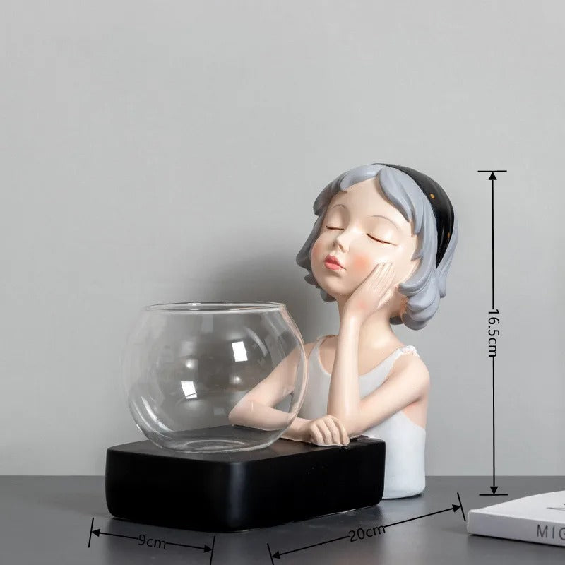 New Creative Girl Resin Sculpture Glass Hydroponic Vase with Lights Home Living Room Office Desktop Plant Decor Figurines Gift