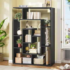 Multi-Layer Geometric Wood Bookshelf - Open Display Storage with Modern Design