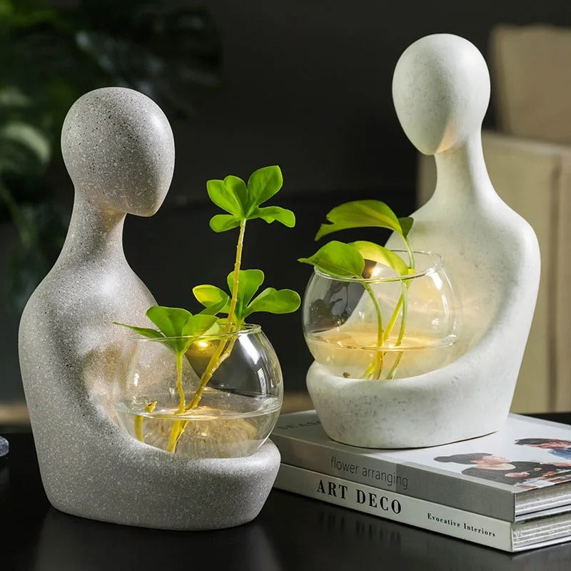 Nordic Abstract Character Figurines Creative Home Decoration Ornament With Glass Hydroponics Green Plants Container Decorations