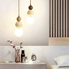 Cream LED stone & wood pendant lamp.