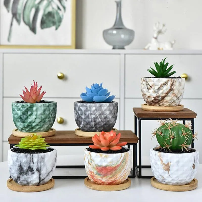 Nordic Style Porcelain Marble Grain Fleshy Plant Pot with Bamboo Tray – Bonsai Vase & Home Decor