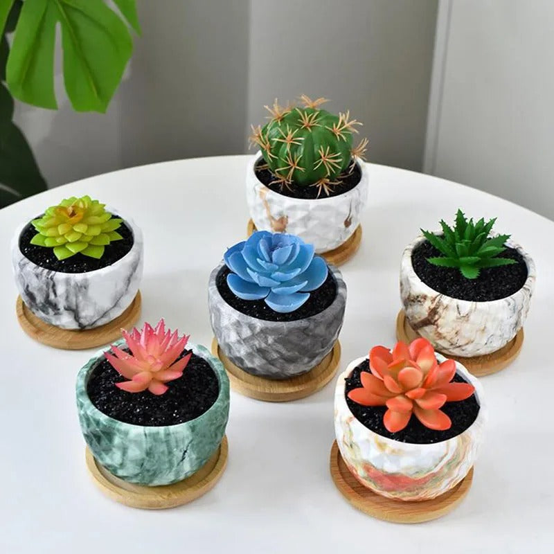 Nordic Style Porcelain Marble Grain Fleshy Plant Pot with Bamboo Tray – Bonsai Vase & Home Decor