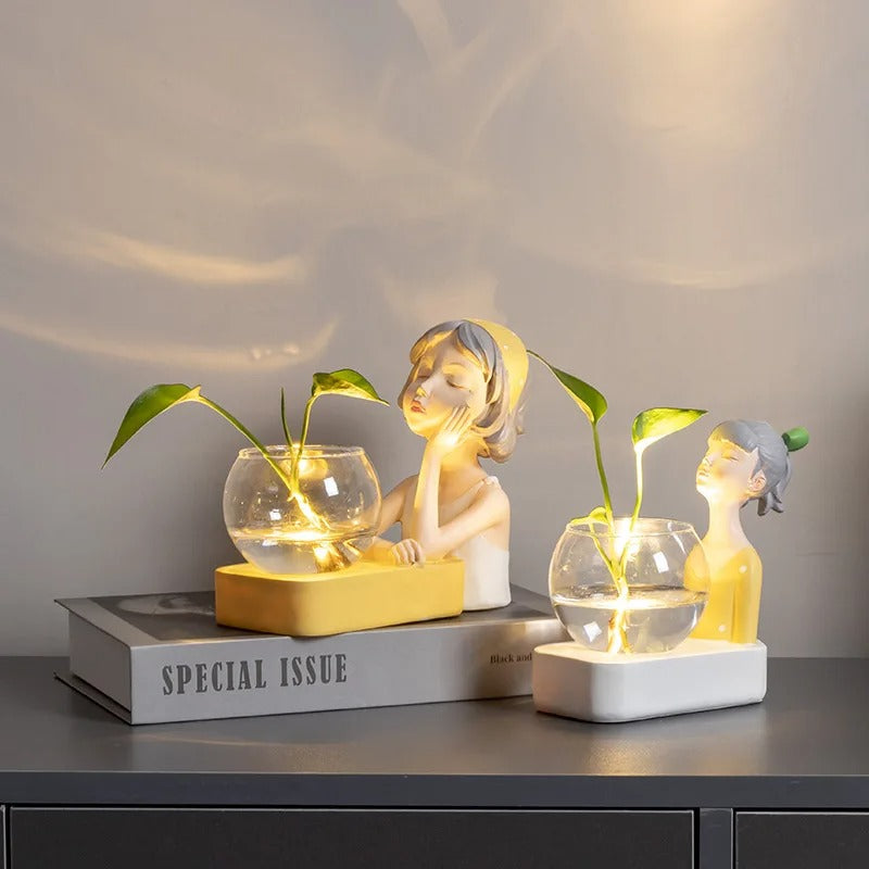 New Creative Girl Resin Sculpture Glass Hydroponic Vase with Lights Home Living Room Office Desktop Plant Decor Figurines Gift