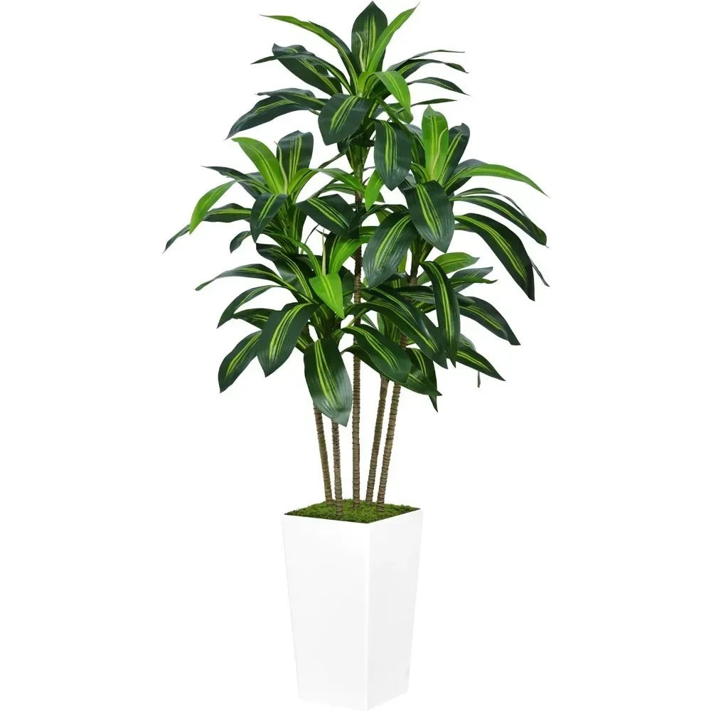 Artificial Dracaena Tree Tree with White Tall Planter - Fake Tropical Yucca Floor Plant in Pot