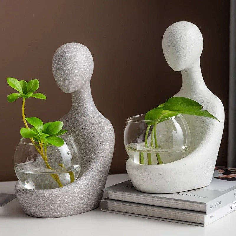 Nordic Abstract Character Figurines Creative Home Decoration Ornament With Glass Hydroponics Green Plants Container Decorations