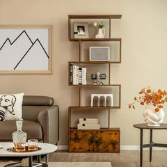 5-Shelf Geometric S-Shaped Bookcase - Modern Wooden Display with Cabinet Doors