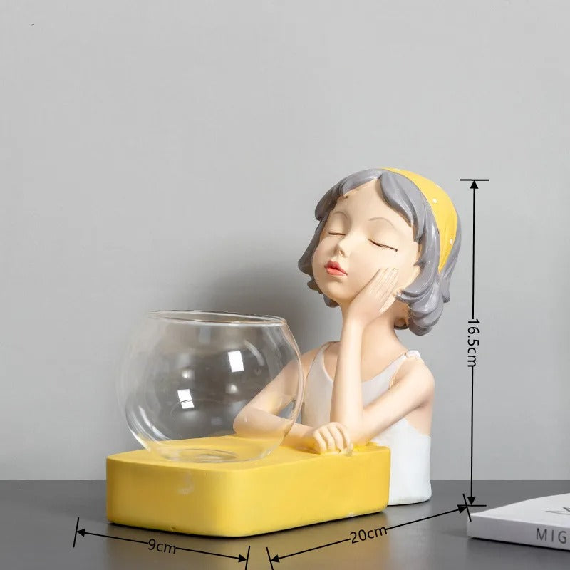 New Creative Girl Resin Sculpture Glass Hydroponic Vase with Lights Home Living Room Office Desktop Plant Decor Figurines Gift