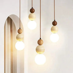 Cream LED stone & wood pendant lamp.