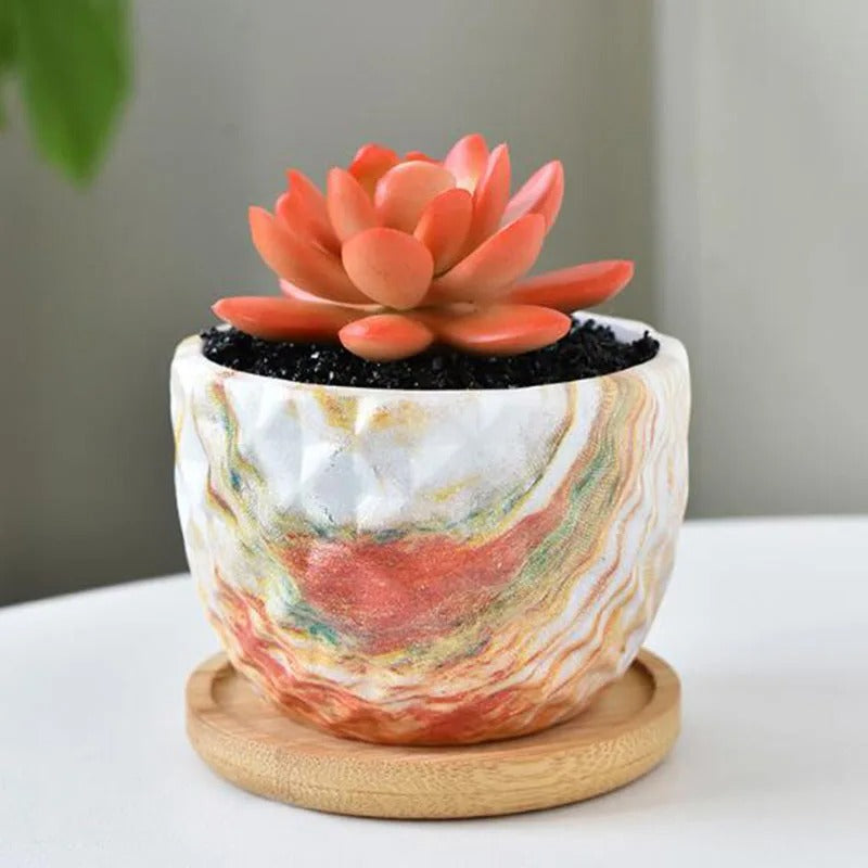 Nordic Style Porcelain Marble Grain Fleshy Plant Pot with Bamboo Tray – Bonsai Vase & Home Decor