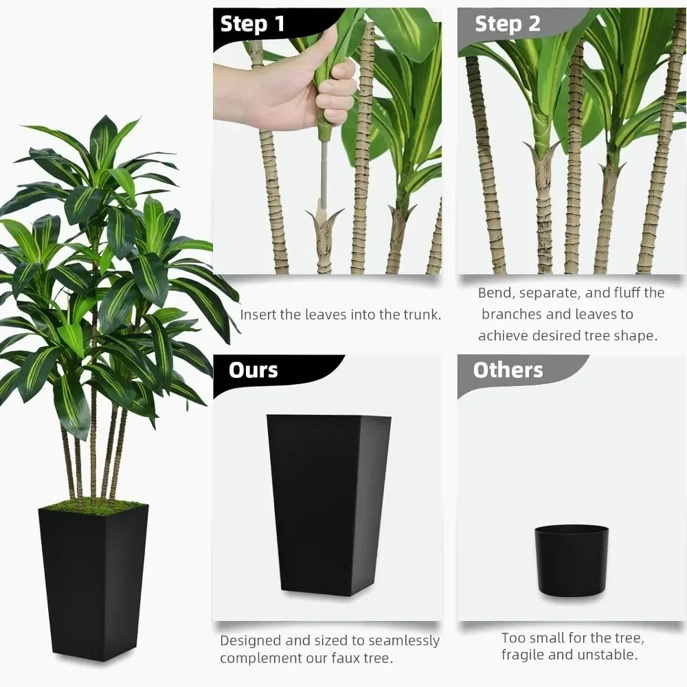 Artificial Dracaena Tree Tree with White Tall Planter - Fake Tropical Yucca Floor Plant in Pot