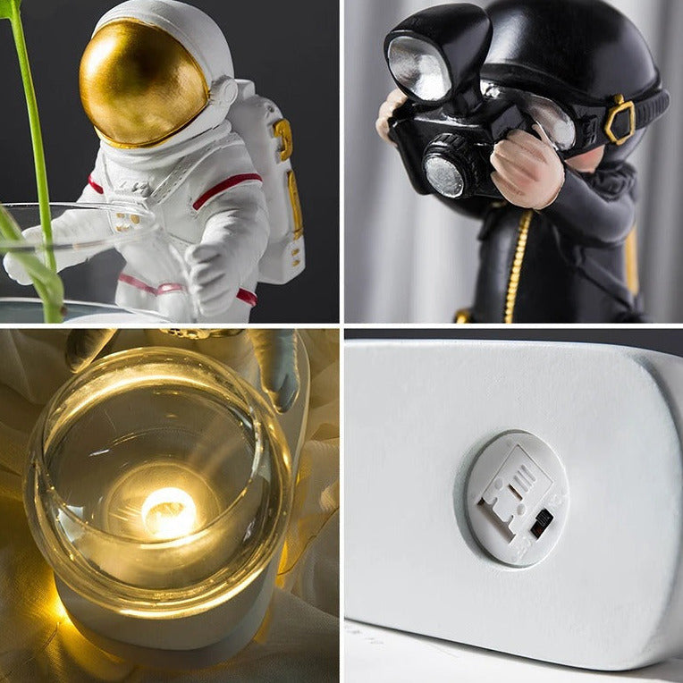 Creative Glass Vase Resin Astronaut Diver Ornaments Flower Vases Hydroponics Desktop Decor Flowers LED Light Pluggable Battery